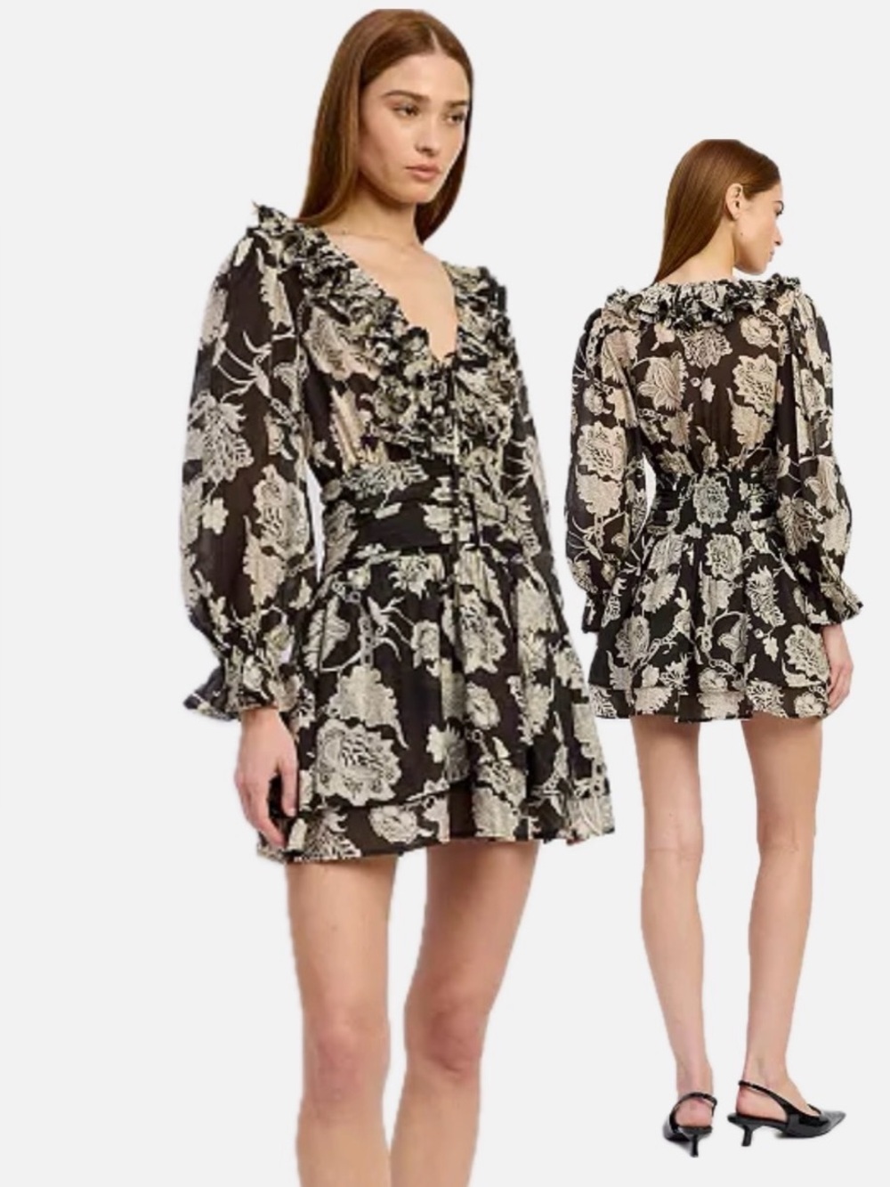En Saison Elisabet Ruffle V-Neck Long SleeveMini Dress, size XS NWT Black/cream